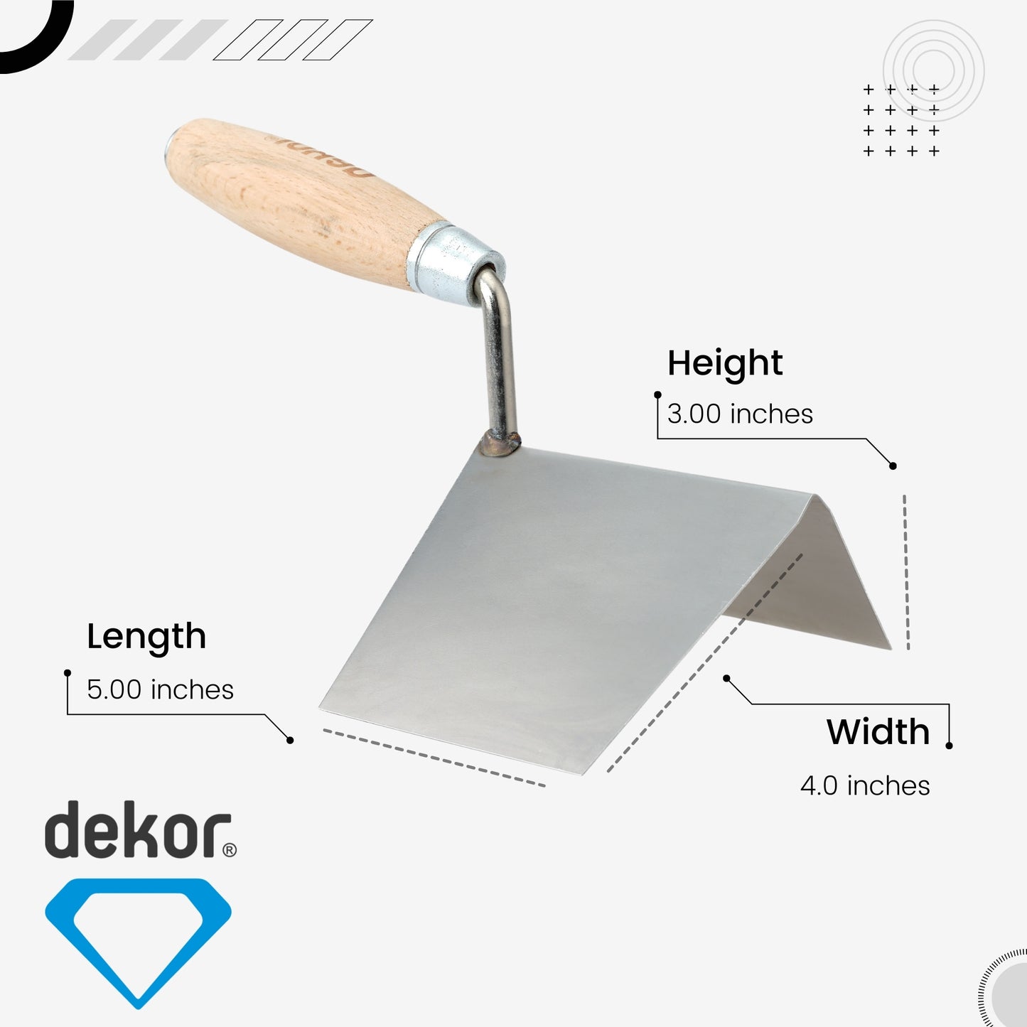 DEKOR External Angle Corner Trowel - 4" x 5" - German Stainless Steel - Wooden Handle