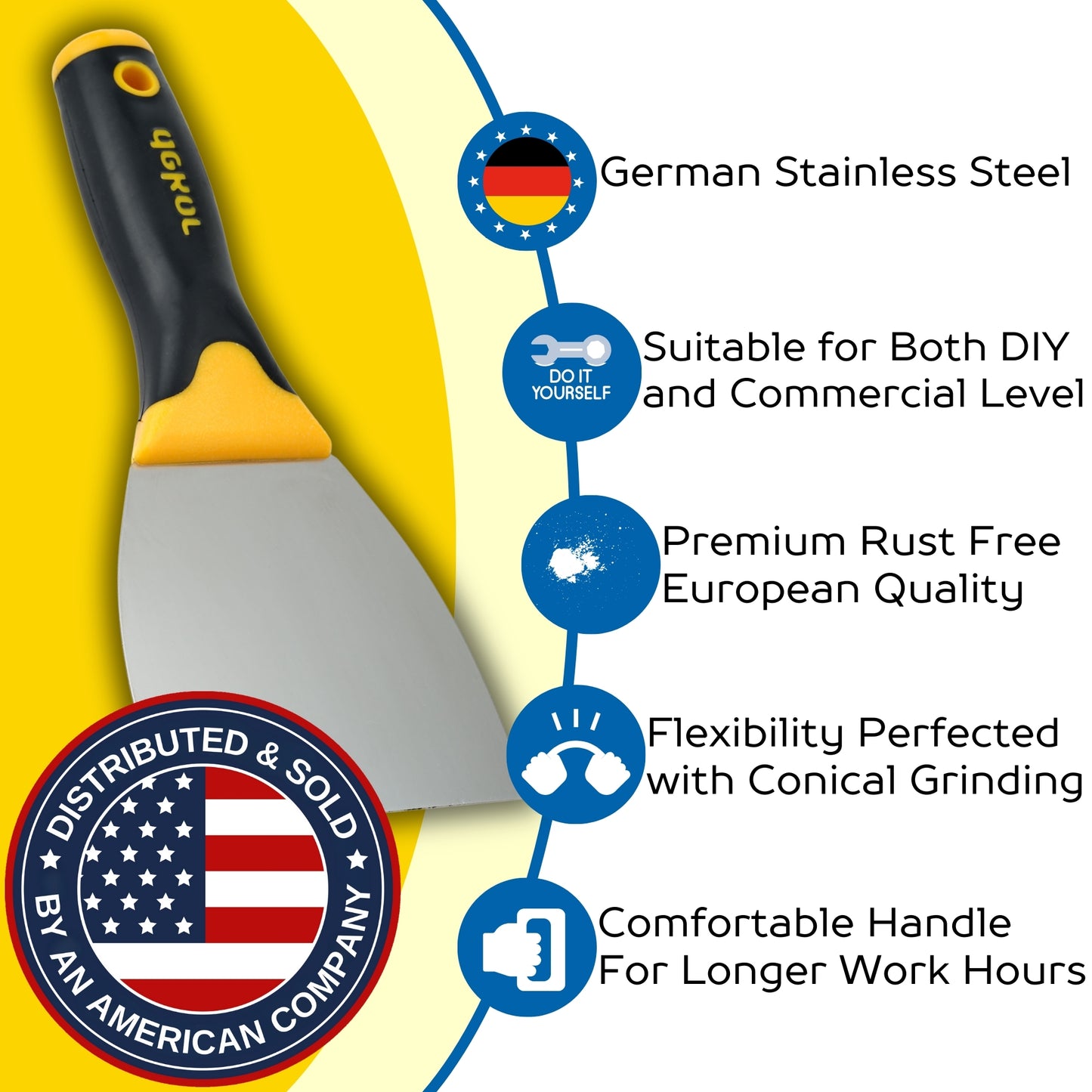 DEKOR Putty Knife - 4" - German Stainless Steel - Soft Grip