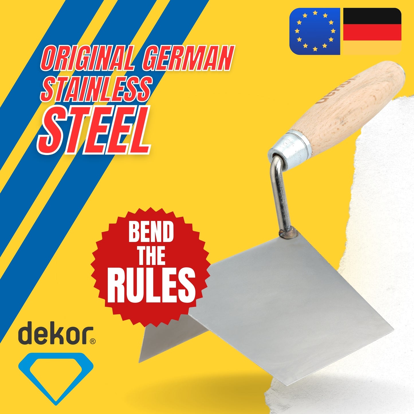 DEKOR External Angle Corner Trowel -    4" x 5" - German Stainless Steel - Wooden Handle