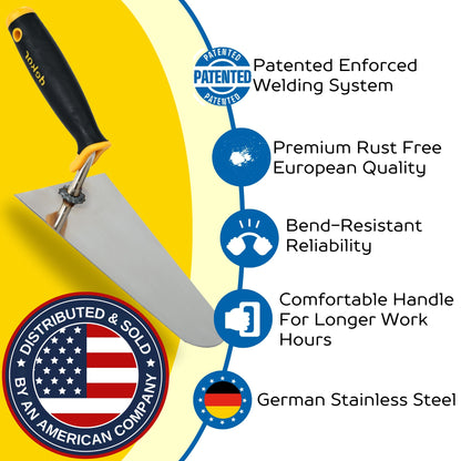 DEKOR Plaster and Brick Trowel - 8" - German Stainless Steel - Soft Grip