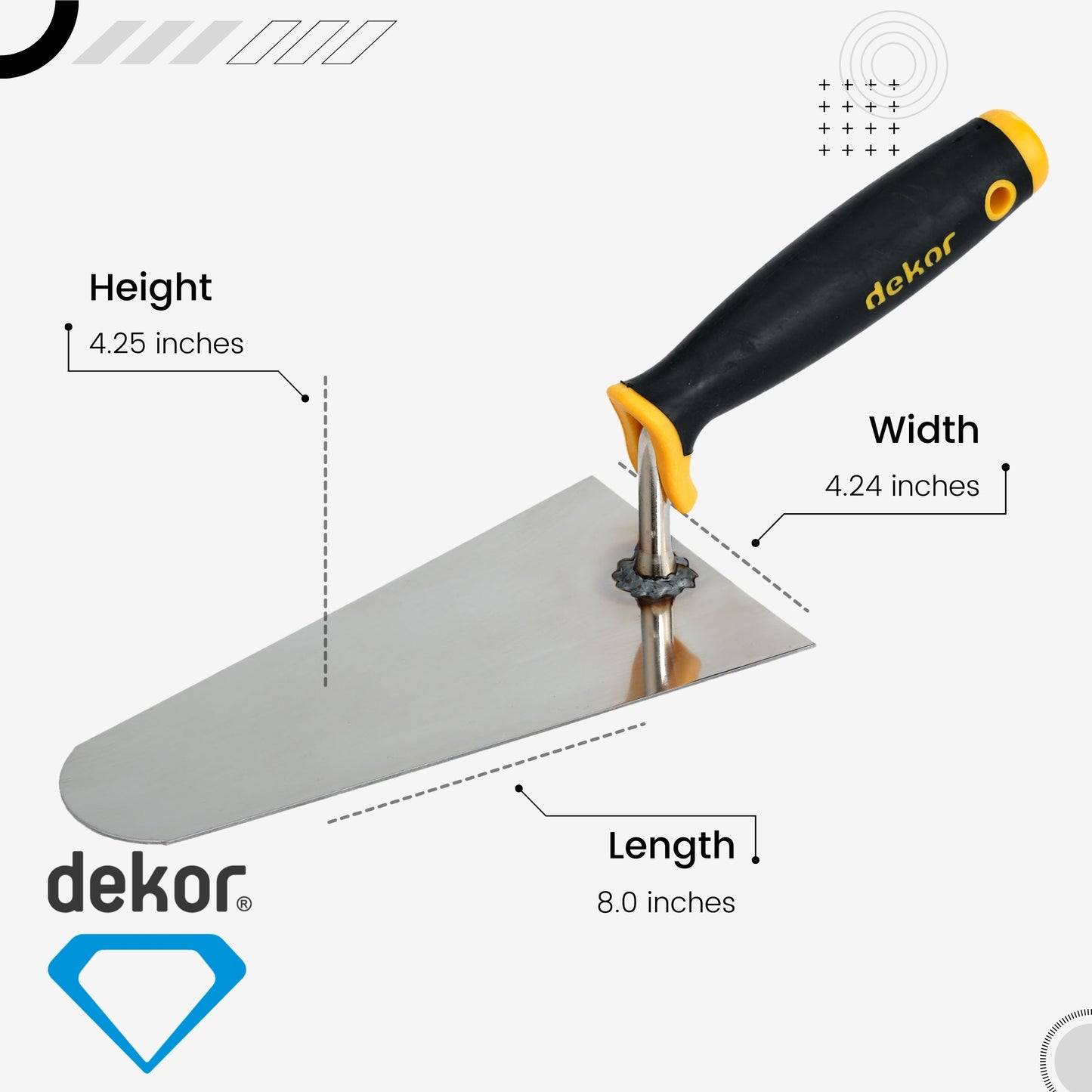 DEKOR Plaster and Brick Trowel - 8" - German Stainless Steel - Soft Grip